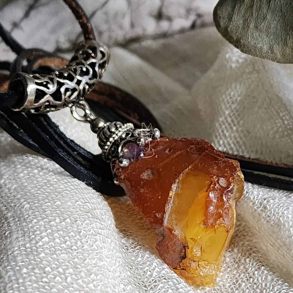 Amber Jewelry Boho Tribal Talisman AMBER NUGGET PENDANT Genuine Leather Cord